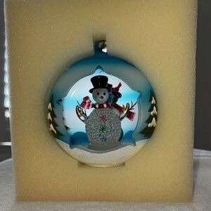 Festive Sorelle hand painted glass Winter Sky Snowman Globe Ornament